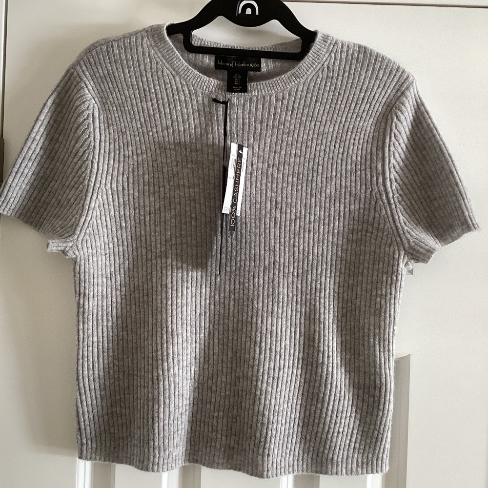House of Harlow 1960 Heather Gray 100% Cashmere Short Sleeve Luxury Top Sweater